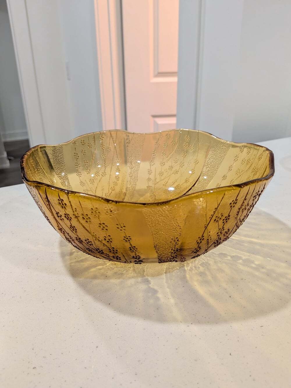 Vintage Amber Glass Floral Serving Bowl | Mid Century Pressed Glass | 1970s